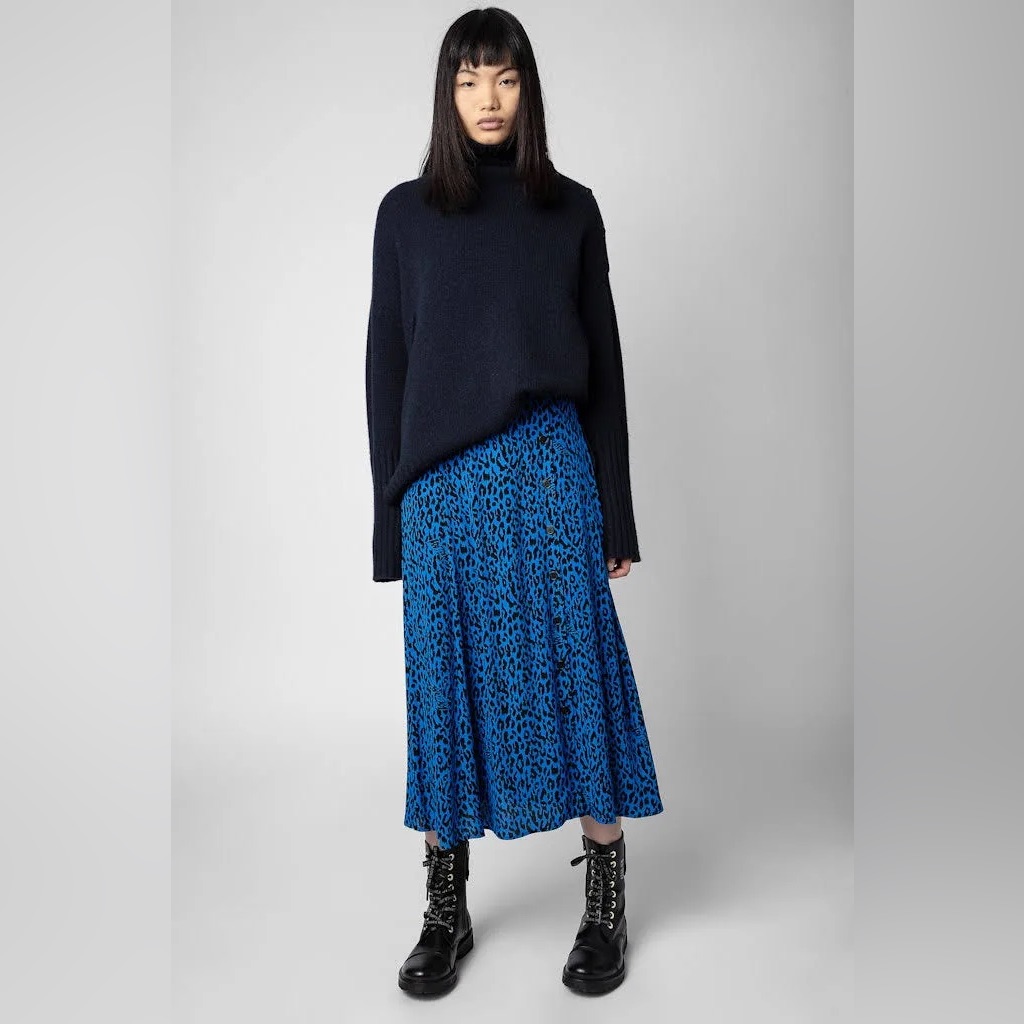 Nwt!! Zadig & Voltaire Blue Leopard Print Single-Breasted Skirt Size: 34 Xs